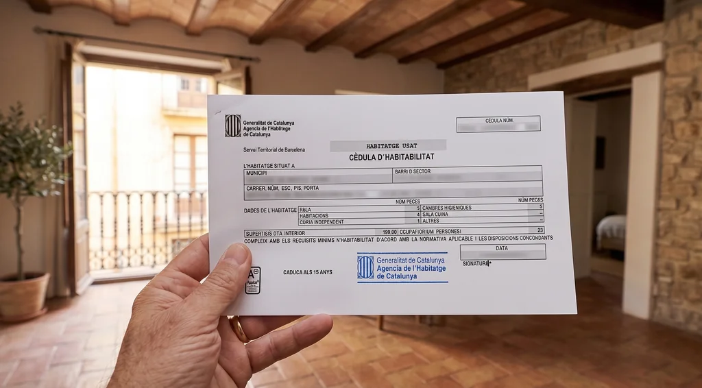 Mà sostenint un document oficial de Cèdula d'Habitabilitat de la Generalitat de Catalunya a l'interior d'un pis reformat. - Equip Cairat Reformes