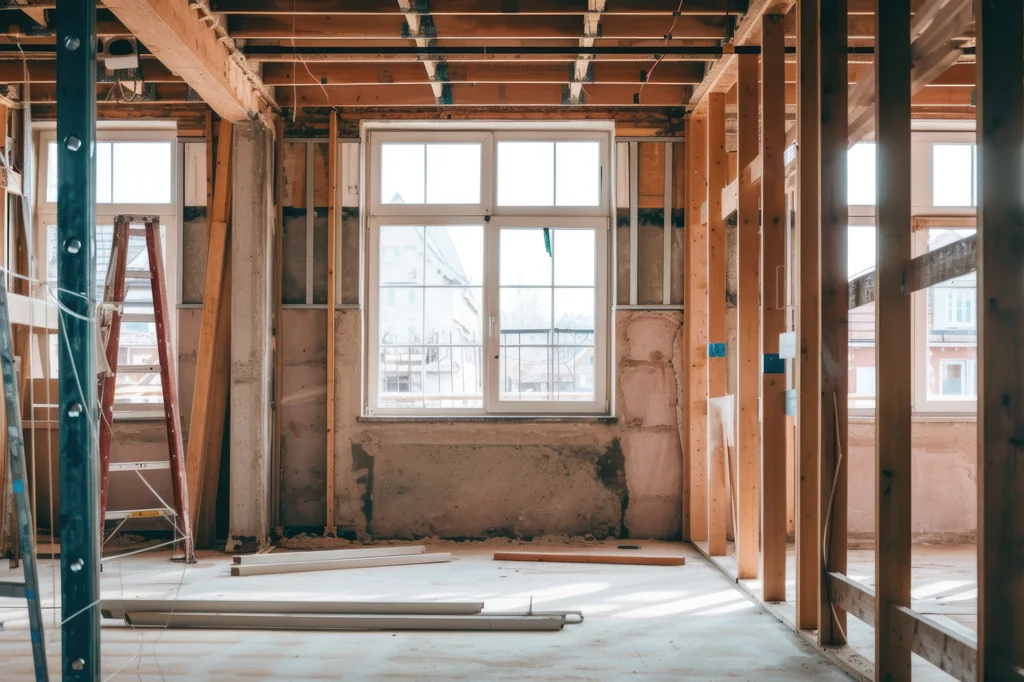 Fase d'obres d'una reforma integral d'un habitatge a Catalunya amb l'estructura de bigues de fusta al sostre vista, muntants per a envans i finestres noves instal·lades. - Equip Cairat Reformes