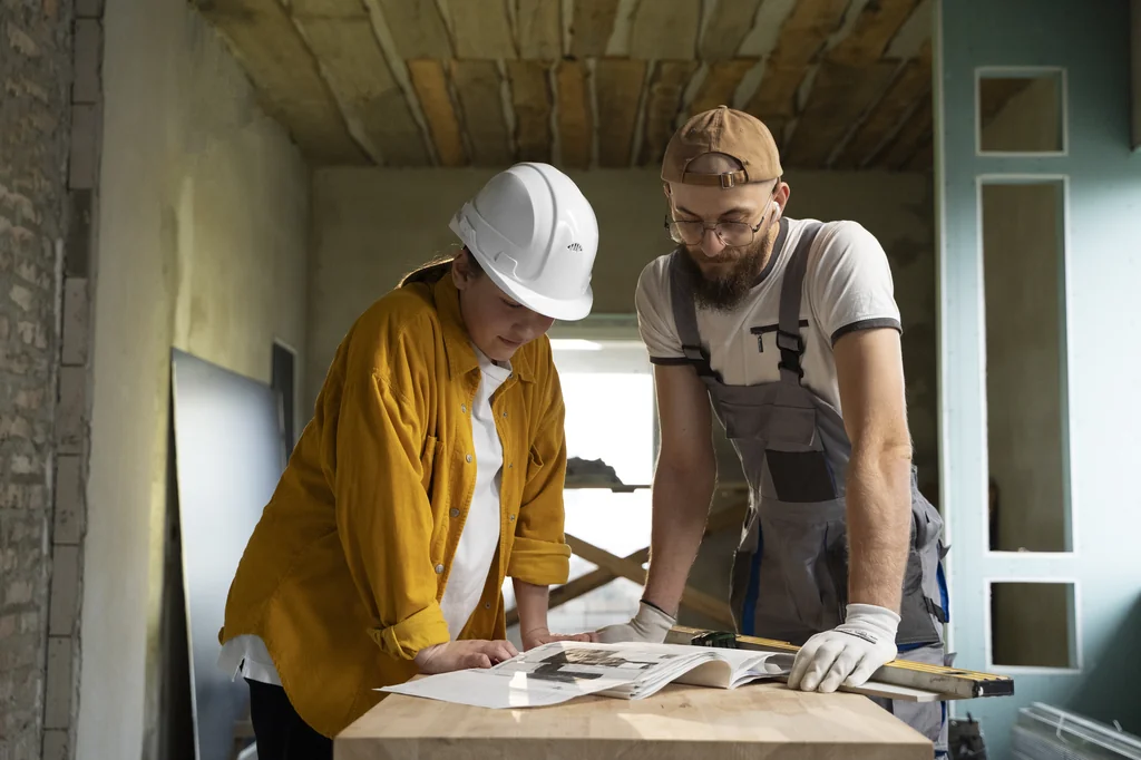 Gestió i direcció d'obra en la rehabilitació d'un habitatge a Catalunya amb professionals analitzant el projecte de disseny d'interiors. - Equip Cairat Reformes