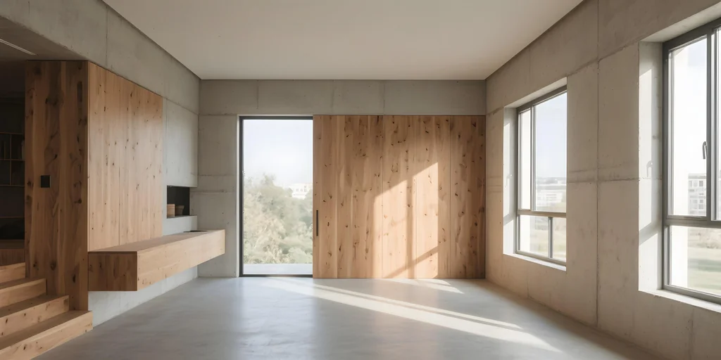 Projecte de reforma integral d'una sala d'estar d'estil industrial amb parets de formigó vist, paviment continu de microciment i panells de fusta natural. - Equip Cairat Reformes