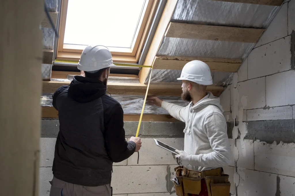 Dos operaris de la construcció amb casc i eines mesurant l'espai d'una finestra de teulada durant les obres de reforma d'unes golfes. - Equip Cairat Reformes