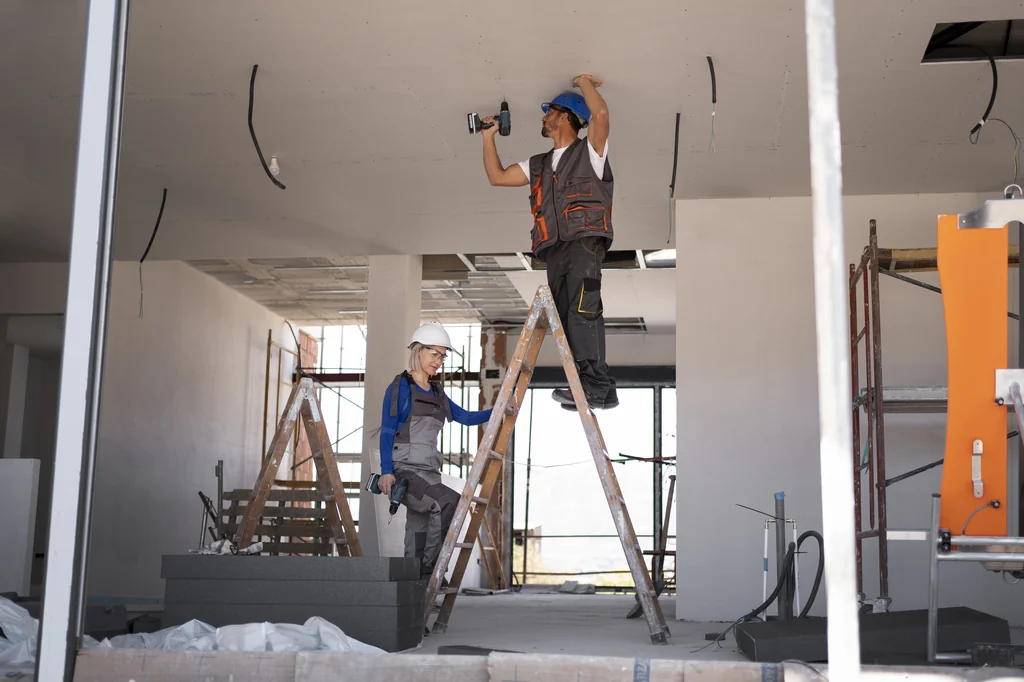 Dos operaris de la construcció treballant en la instal·lació d'un fals sostre de pladur amb trepant i escala de tisora durant una reforma. - Equip Cairat Reformes
