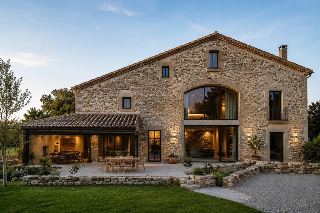 Projecte de reforma integral i arquitectura en una finca rural tradicional amb parets de pedra vista i tancaments eficients. - Equip Cairat Reformes