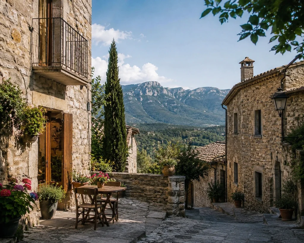 Façana exterior d'una masia rústica de pedra amb terrassa pavimentada, pèrgola de fusta i vistes a les muntanyes de Catalunya. - Equip Cairat Reformes