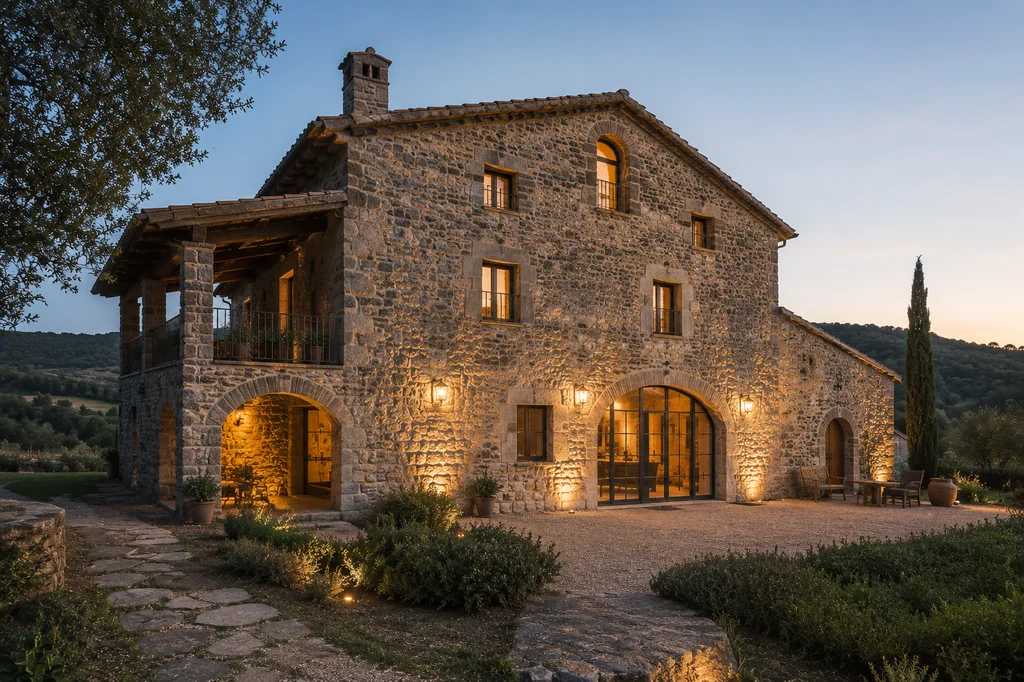 Projecte de reforma integral d'una finca rural tradicional amb espais exteriors pavimentats en pedra i disseny arquitectònic rústic. - Equip Cairat Reformes