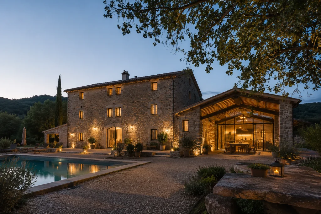 Projecte d'arquitectura i il·luminació en una masia tradicional catalana restaurada amb zona de bany, terrassa de grava i un gran porxo rústic obert. - Equip Cairat Reformes